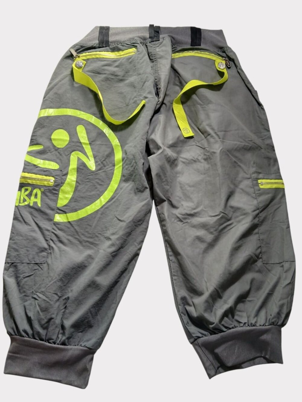 Zumba Wear Gray Cargo Jogger Pants XXL Neon Lime Green Accents Elastic Cuffs